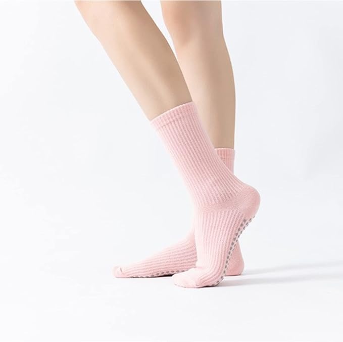 Yoga Pilates Socks with Grips for Women Non Slip Solid Colored Cushioned Crew Compression Socks for Barre Ballet Dance