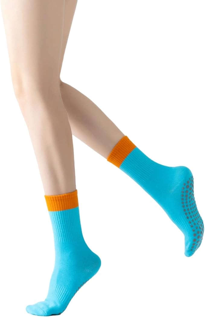 Yoga Pilates Socks with Grips for Women Non Slip Color Blocking Cushioned Crew Socks for Barre Ballet Dance