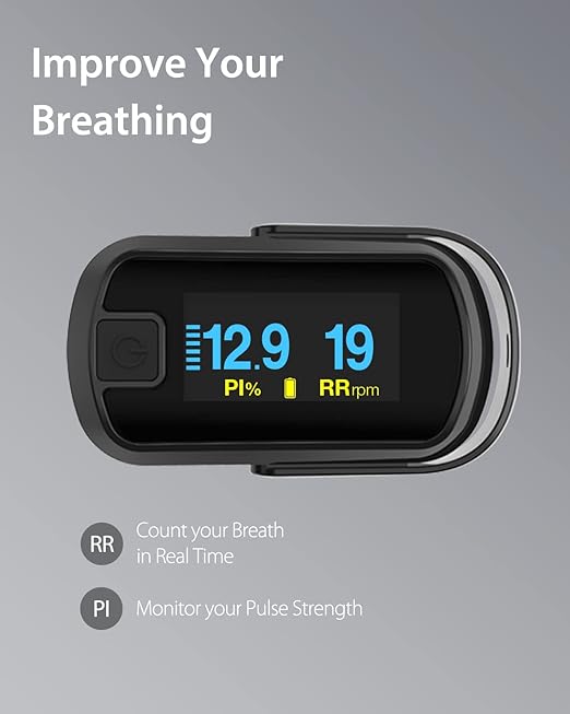 MIBEST Black OLED Finger Pulse Oximeter - Blood Oxygen Saturation Monitor - SPO2 Pulse Oximeter - Portable Oxygen Sensor with Included Batteries - O2 Saturation Monitor with Respiration Rate and PI