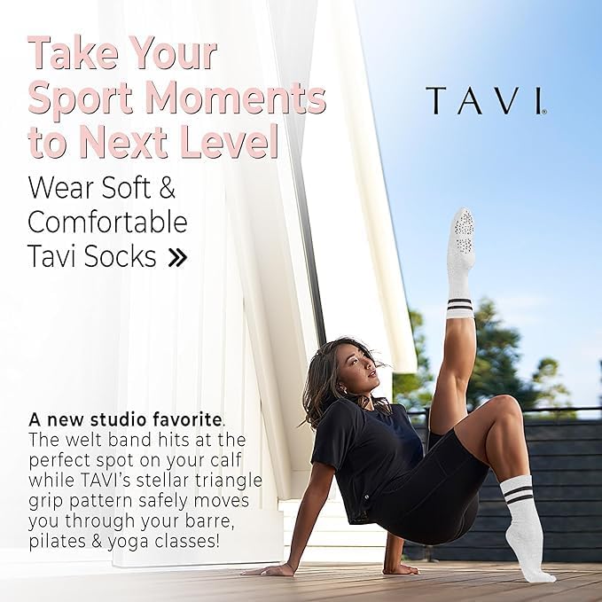 TAVI Kai Fashion Crew Grip Socks - For Slipper Barre, Pilates, and Yoga - with Grips for Women and Men