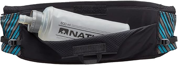 Nathan Running Belt Pinnacle Hydration Waistbelt/WaistPack. Includes Soft Flask, Storage, Zipper Pocket. For Running, Hiking Fanny Pack. No Bounce! (XXS/XS, Black/Blue)