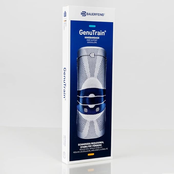 Bauerfeind - GenuTrain - Knee Brace - Targeted Support for Pain Relief and Stabilization of The Knee, Provides Relief of Weak, Swollen, and Injured Knees- Size 2 - Color Titanium