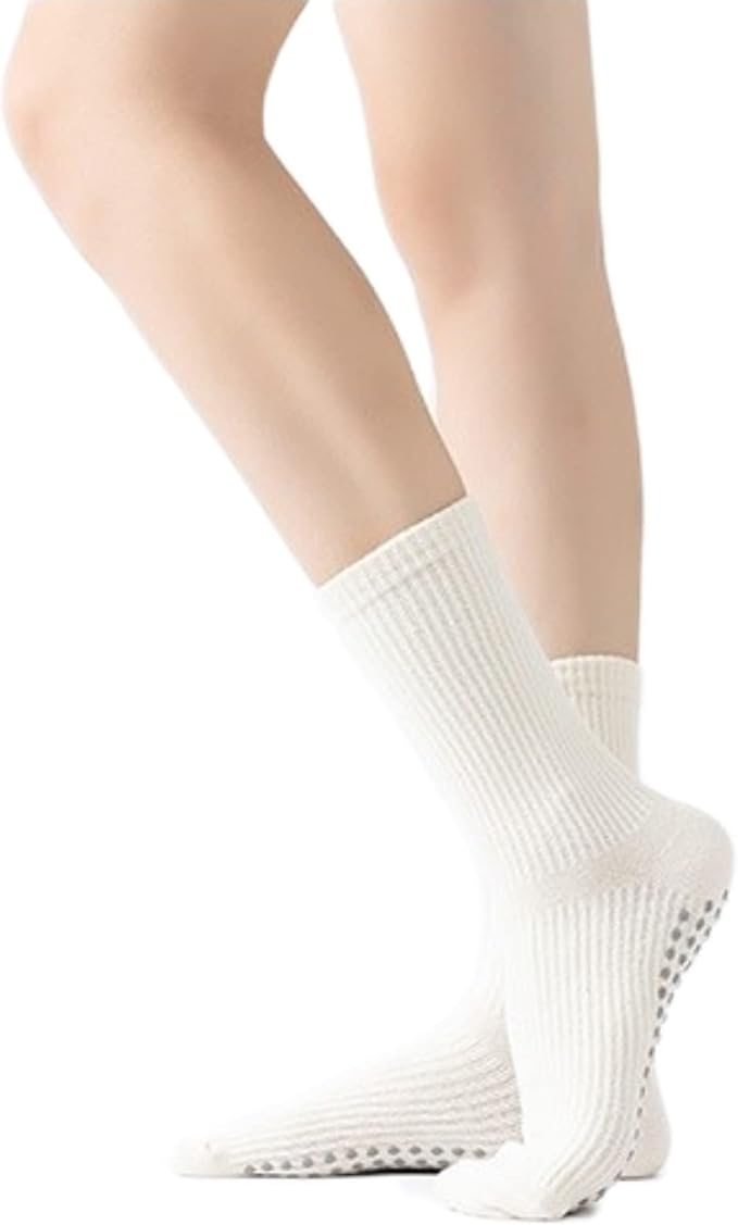 Yoga Pilates Socks with Grips for Women Non Slip Solid Colored Cushioned Crew Compression Socks for Barre Ballet Dance