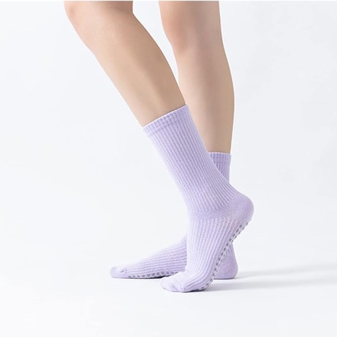 Yoga Pilates Socks with Grips for Women Non Slip Solid Colored Cushioned Crew Compression Socks for Barre Ballet Dance