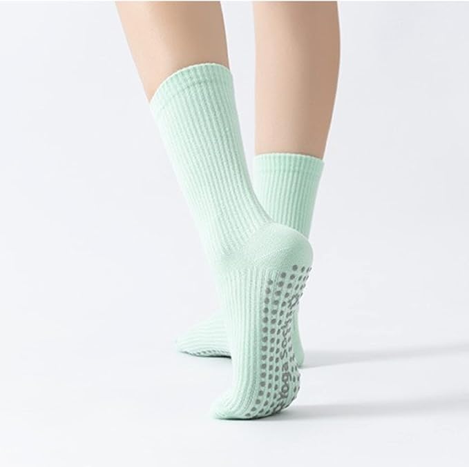 Yoga Pilates Socks with Grips for Women Non Slip Solid Colored Cushioned Crew Compression Socks for Barre Ballet Dance