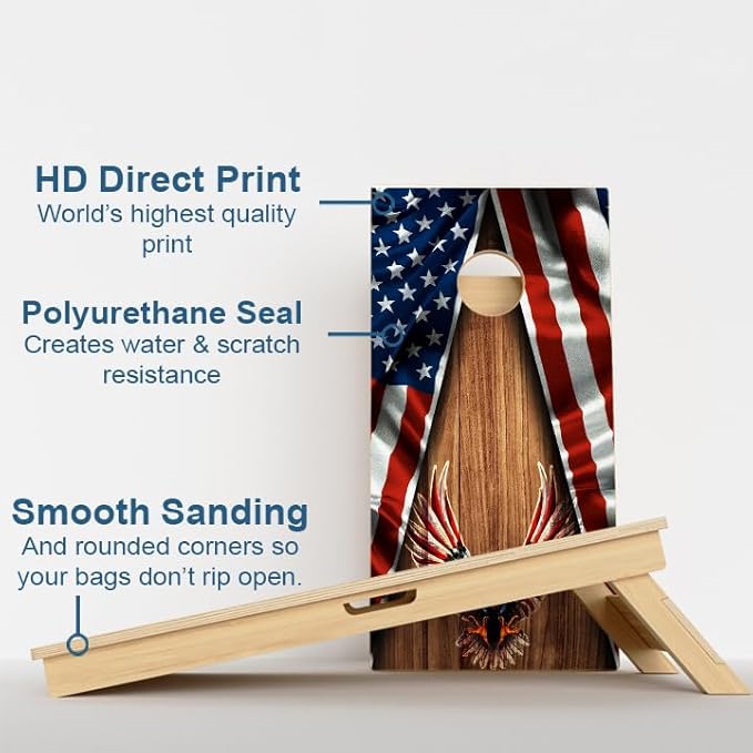 CornholeGamesUSA Pro Cornhole Boards Set | Made in USA | 3/4 Baltic Birch | No Bounce | Triple Thick Legs | Two Brace & Handles, Tournament 2x4 Regulation Set with Score Tower & Cornhole Bags
