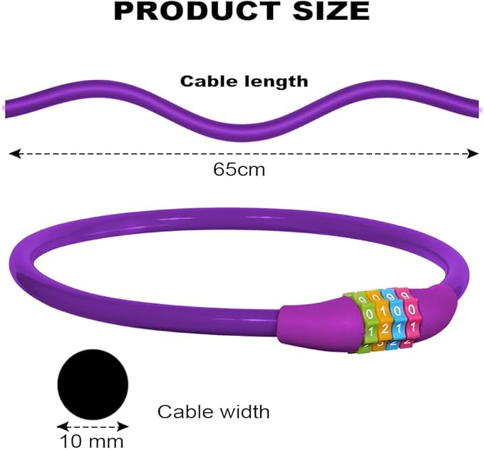 Bike Lock, 25 inch Bike Lock Cable, Portable Anti Theft 4 Digits Codes Cable Locks, Resettable Combinations Coiling Bicycle Lock for Bike, Motorbike, Scooter, Skateboard, Gate, Fence (Purple)