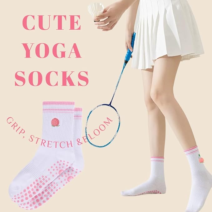 EUDOLAH Cute Yoga Socks for Women Pilates Barre Breathable Non-Slip Crew Grip Sock With Stripes Anti-friction Athletic Socks