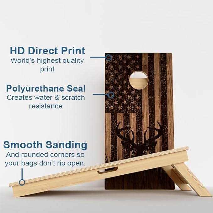 CornholeGamesUSA Pro Cornhole Boards Set | Made in USA | 3/4 Baltic Birch | No Bounce | Triple Thick Legs | Two Brace & Handles, Tournament 2x4 Regulation Set with Score Tower & Cornhole Bags