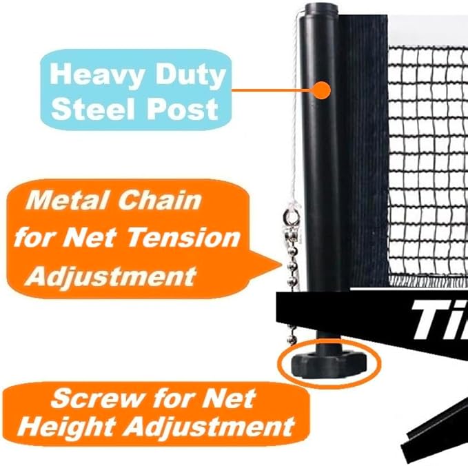 TINOS Professional Ping Pong Net fits 1” Max. Table Thickness | Tension and Height Adjustment | Spring Clamp Table Tennis net & Post Set