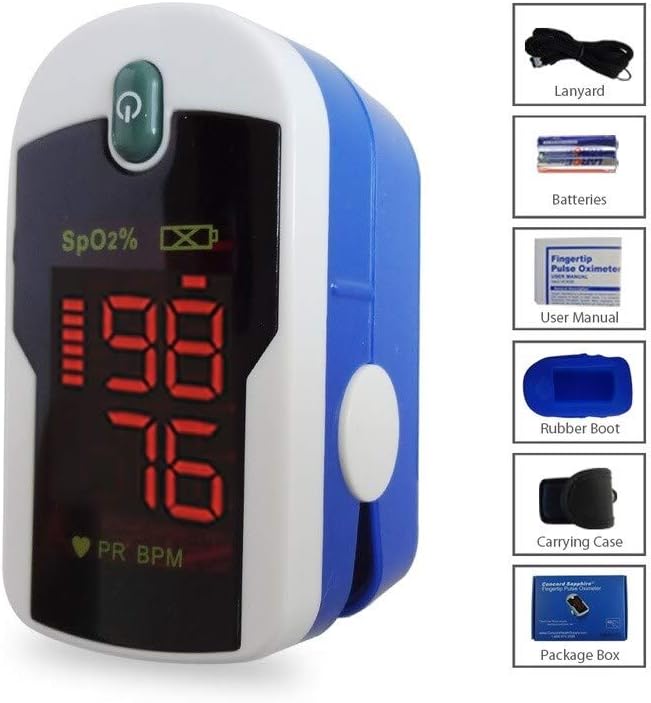 Concord Fingertip Pulse Oximeter with Reversible Display - Blood Oxygen Saturation Monitor with Carrying Case, Batteries and Lanyard - Easy to Use, Accurate SpO2 & Pulse Measurement (Sapphire)