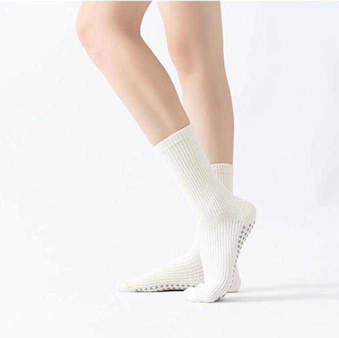 Yoga Pilates Socks with Grips for Women Non Slip Solid Colored Cushioned Crew Compression Socks for Barre Ballet Dance