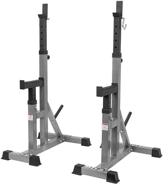 Valor Fitness Independent Squat and Bench Press Stands – Adjustable Uprights with J-Hooks, Bar Catches, Safety Arms, and Plate Storage – Strength Training Rack for Home Gym Workouts