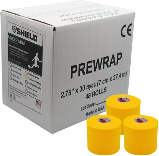 Shield Athletic Underwrap | Bulk Case of 48 Rolls of PreWrap, Hair Tie, Headband, Patellar Support, Pre-Wrap Athletic Tape, 2.75" X 30 SYards, Foam Barrier, Flexible, Breathable (Yellow)