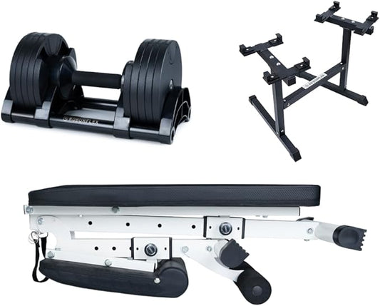 BUNDLE DEAL - Two Adjustable Dumbbells (40LB Black) + Dumbbell Stand + Adjustable Bench (4 items)