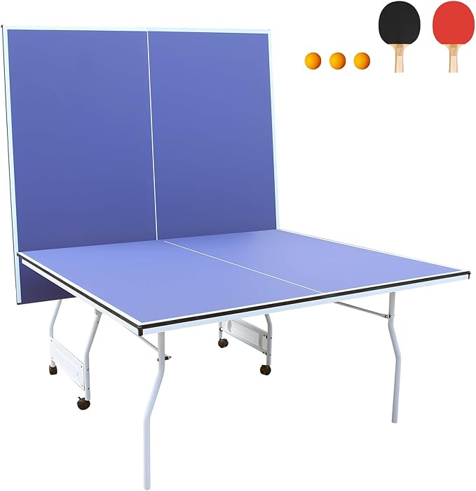 Ping Pong Table Foldable Table Tennis Table with Net, Table Tennis Paddles and Balls, 4.5FT/6FT/9FT MDF Multi-Use Family Game Table for Kid Teenager Adult, Compact & Portable