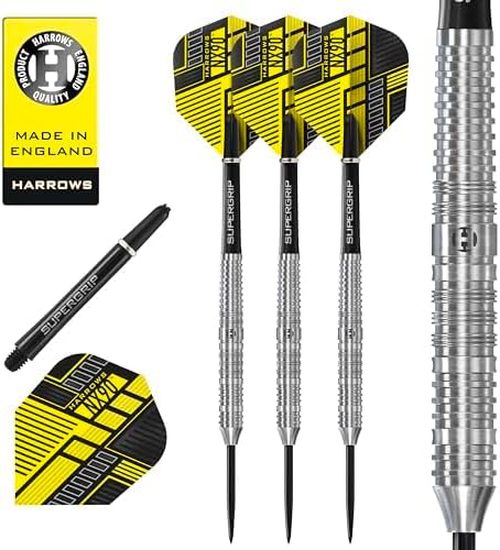Harrows NX90 Bomb & Parallel Shape Darts Set I Professional Darts 90% Tungsten Steel Tip All Weights Pro Darts I 10pc Set with Black Supergrip Midi Shafts & NX90 Flights