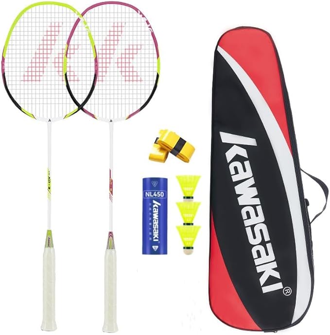 Kawasaki Badminton Rackets, Professional Graphite Shaft Badminton Set of 2 for Backyard, with 2 Lightweight Carbon Badminton Racquets/3 Badminton Shuttlecocks/2 Racquet Overgrips/1 Carry Bag