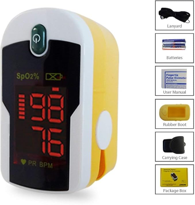 Concord Fingertip Pulse Oximeter with Reversible Display - Blood Oxygen Saturation Monitor with Carrying Case, Batteries and Lanyard - Easy to Use, Accurate SpO2 & Pulse Measurement (Topaz)