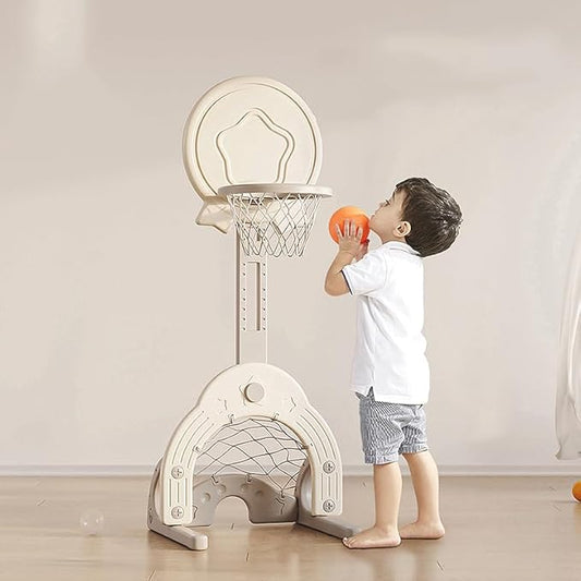 Toddler Basketball Hoop Set with 3 Balls, Adjustable Basketball Hoop Set Indoor Outdoor for Kids 1-3, Toddler Sports Activity Center, Portable Basketball Soccer Golf Game Set, Birthday Gift Grey