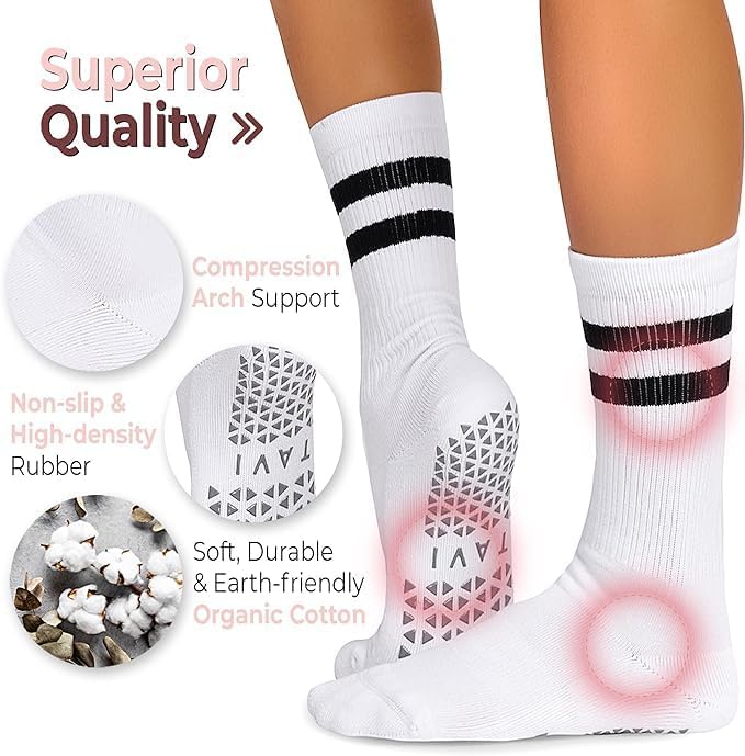 TAVI Kai Fashion Crew Grip Socks - For Slipper Barre, Pilates, and Yoga - with Grips for Women and Men