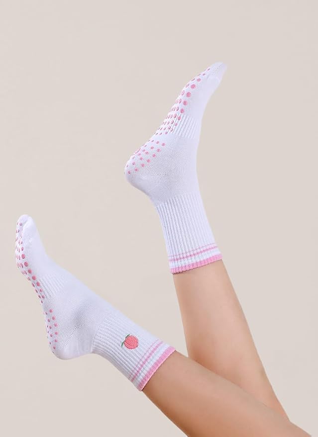 EUDOLAH Cute Yoga Socks for Women Pilates Barre Breathable Non-Slip Crew Grip Sock With Stripes Anti-friction Athletic Socks