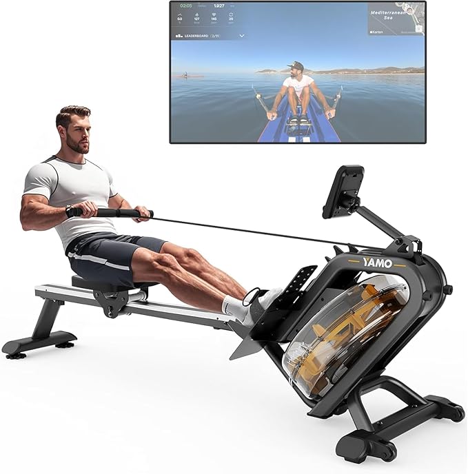 YAMO Water Rowing Machine for Home, Row Machine with 330LB Weight Capacity, Support Bluetooth & Compatible with Apps, Water Row Machine with Comfortable Seat and Tablet Holder