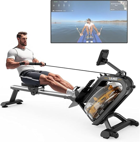 YAMO Water Rowing Machine for Home, Row Machine with 330LB Weight Capacity, Support Bluetooth & Compatible with Apps, Water Row Machine with Comfortable Seat and Tablet Holder