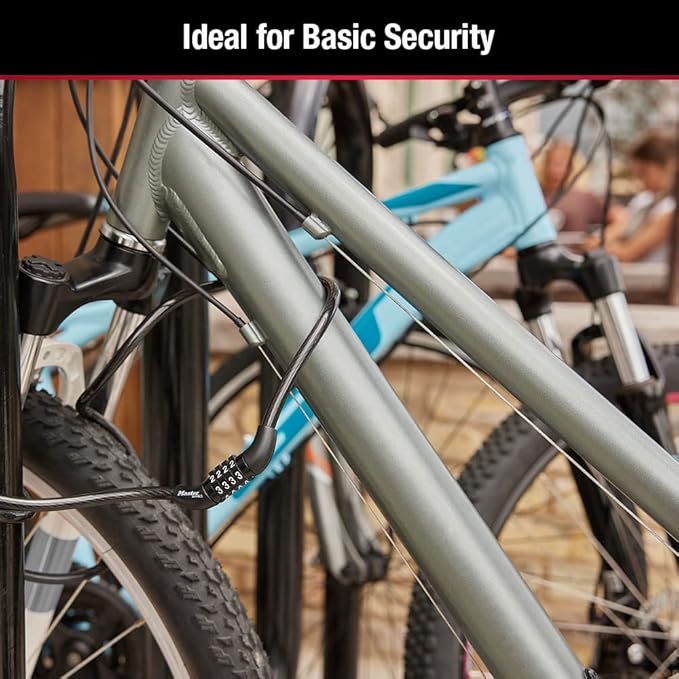 Master Lock Black Set Preset Combination Bike Lock, Metal Cable Lock has a Weather Resistant Vinyl Coating for Outdoor Equipment, Bicycles, 4 Feet Long, Pack of 2, 8143T