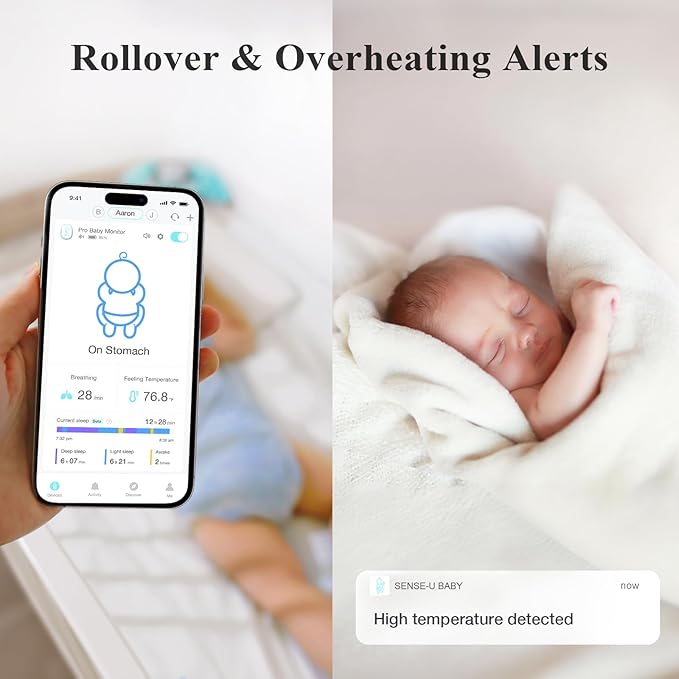Sense-U Pro Baby Movement Monitor with Arousal Vibration, Movement/Rollover/Overheating Alerts, Audible & App Notifications, Easy Clip-On Design, Smart Sleep Monitor