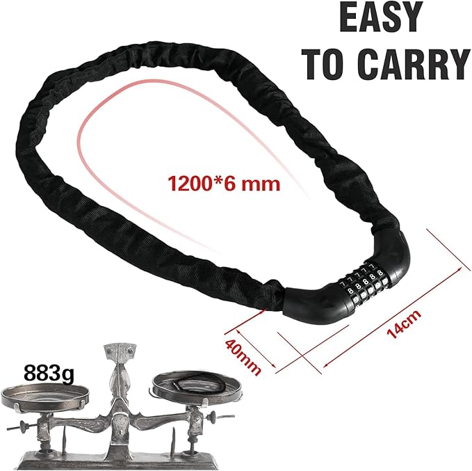 Bike Chain Lock 5 Digit Combination, Heavy Duty 4ft Resettable Anti-Theft Bicycle Chain Lock with Protective Sleeve & Dust Cover for Adult Bikes, E-Bikes, Scooters, Motorcycle, Gates & Fences
