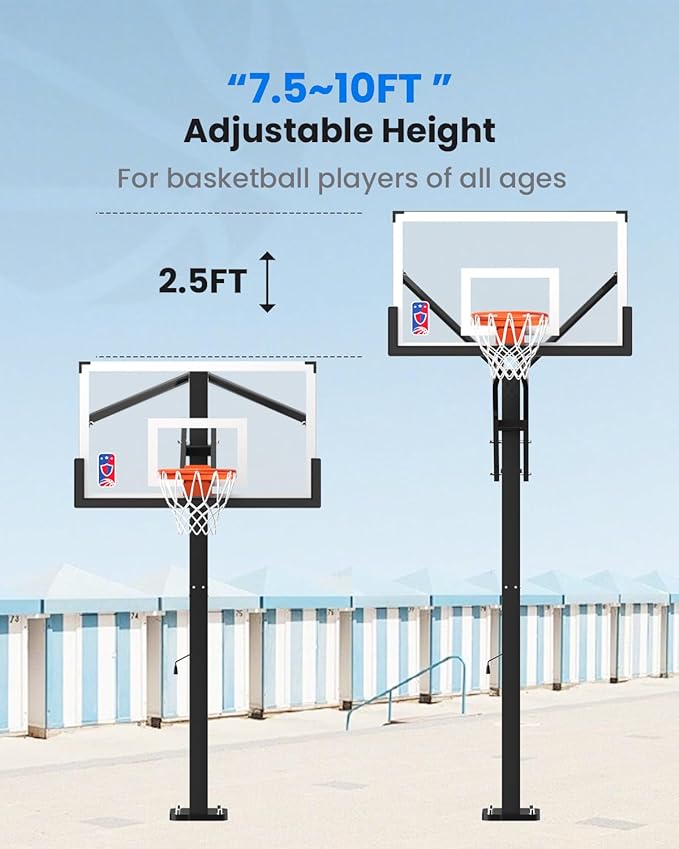 IGL In-Ground Basketball Hoops with 54-60 Inch Tempered Glass Backboard,7.5-10ft Height Adjustable Basketball Goal System, Reinforced and Thickened Square Tube Iron Steel