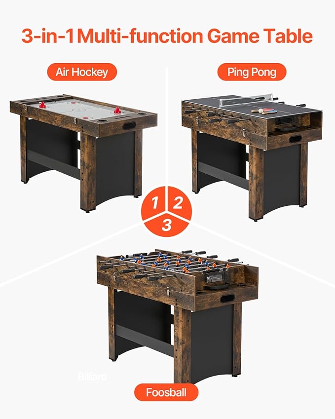 VEVOR 3-in-1/4-in-1 Combo Game Table Set, 48"/54" Air Hockey, Ping Pong & Foosball Combo, with Pucks & Pushers, Multi Combination Table for Family Game Room or Office
