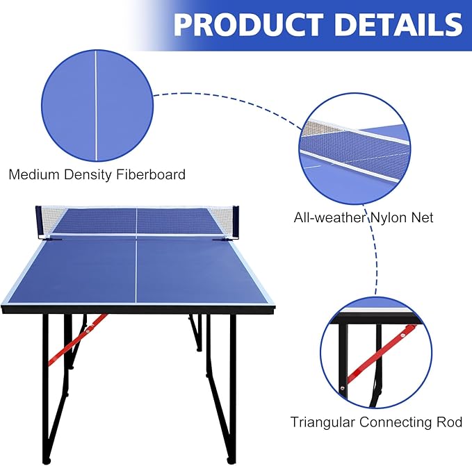 Ping Pong Table Foldable Table Tennis Table with Net, Table Tennis Paddles and Balls, 4.5FT/6FT/9FT MDF Multi-Use Family Game Table for Kid Teenager Adult, Compact & Portable