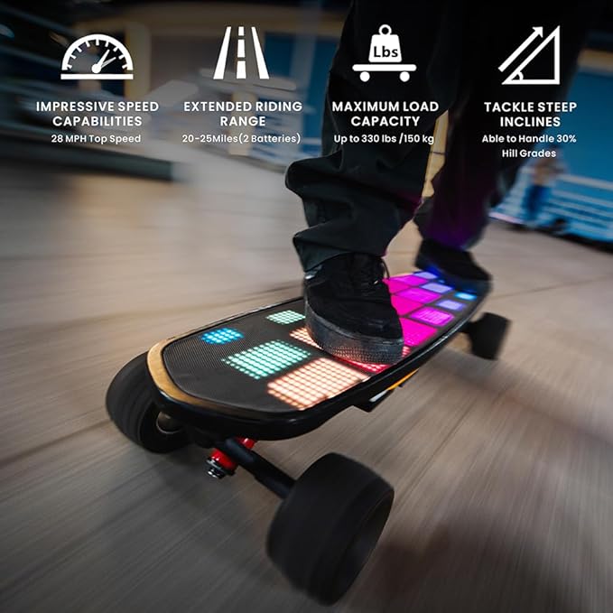 Pixel Mini Electric Skateboard with Remote, 2 × 600W Motors, 28Mph Top Speed, 4 Speed Smooth Braking, Suitable for Adults and Teens Beginners, LED Screen Electric Skateboards