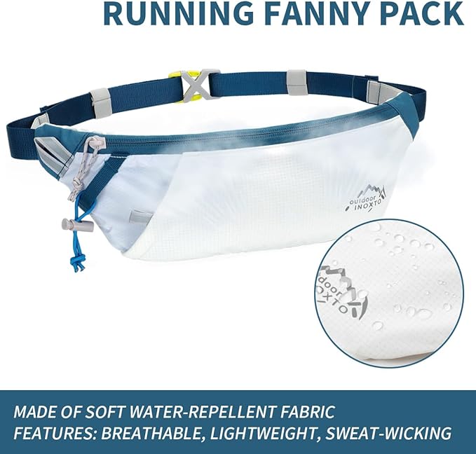 INOXTO Slim Running Belt Fanny Pack for Women and Men Sports Waist Bag Pack with 300ml Water Bottle for Running Walking Cycling Hiking Reflective Running Pouch Belt for All Phones (White Blue)
