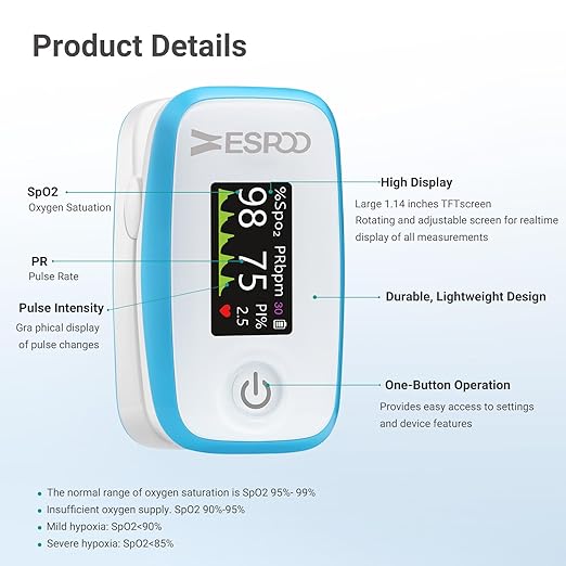 ESPOO Pulse Oximeter with 20 Memory, Oxygen Monitor Fingertip 4 Color TFT Display(SPO2), Alarm & Brightness Adjustable, Batteries & Lanyard Include(White&Blue)
