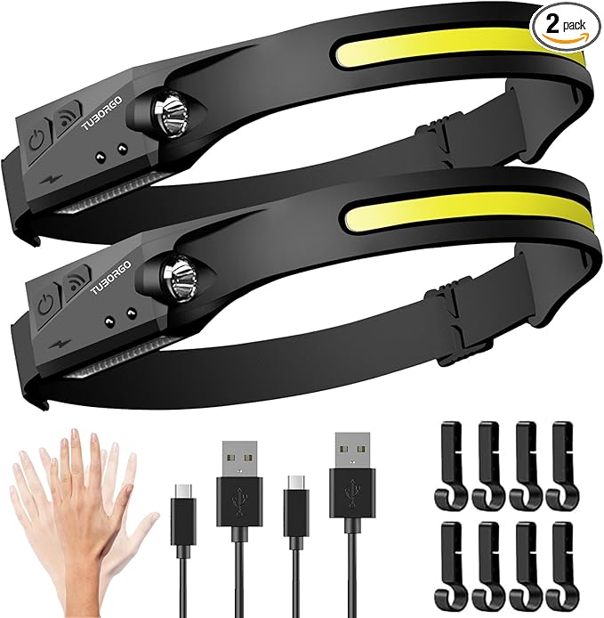 Headlamp Rechargeable 2PCS, 230° Wide Beam Head Lamp LED with Motion Sensor for Adults - Camping Accessories Gear, Waterproof Head Light Flashlight for Hiking, Running