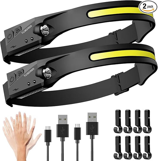 Headlamp Rechargeable 2PCS, 230° Wide Beam Head Lamp LED with Motion Sensor for Adults - Camping Accessories Gear, Waterproof Head Light Flashlight for Hiking, Running