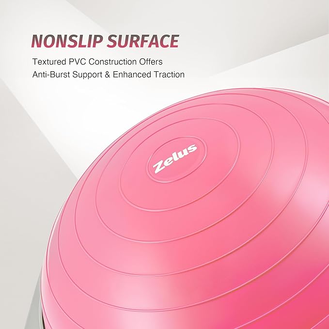 ZELUS 25in. Balance Ball | 660lb Inflatable Half Exercise Ball Wobble Board Balance Trainer w Nonslip Base | Half Yoga Ball Strength Training Equipment w 2 Bands, Pump, Extra Ball Included