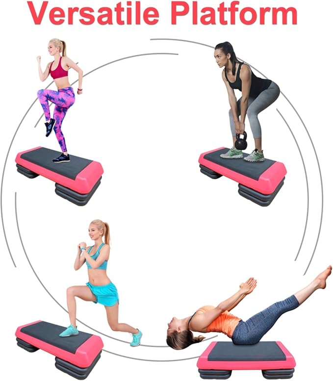 Househould Adjustable Workout Aerobic Stepper in Fitness & Exercise Step Platform Trainer Pink Black with 2 or 4 Risers