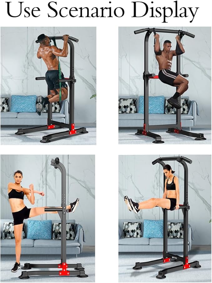 Power Tower Dip Station Pull Up Bar - Multi-Purpose Home Gym Equipment with Adjustable Height and Non-Slip Foot Pads - 330lbs/150kgs Capacity