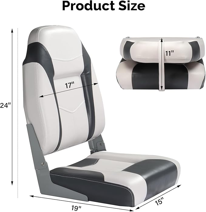 PEXMOR Boat Seats Low/High Back, Folding Boat Seat Included, Fold-Down Fishing Boat Seats Waterproof Captain Boat Seat w/Aluminum Hinges & Thick Soft Cushion, 2 Packs (High Back-Grey & White)
