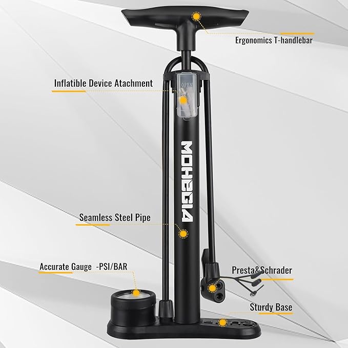 MOHEGIA Bike Floor Pump with Gauge: Air Bicycle Pump with High Pressure 160 PSI,Fits Schrader and Presta Valve -Inflator with Ball Pump Needles for MTB Road Bike, Ball, Balloon, Inflatables