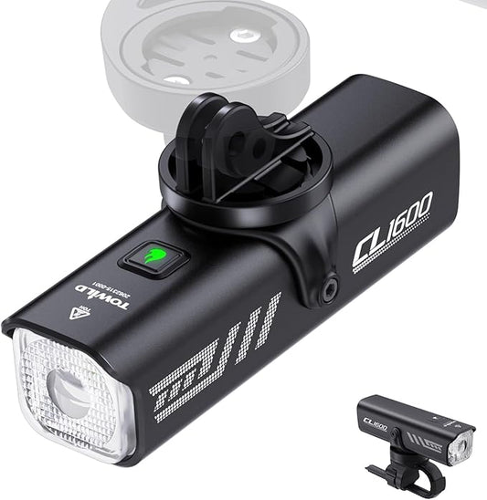 TOWILD Bike Lights for Night Riding,Compatible with Garmin/GoPro Mount,600 Lumen Bike Headlight,2000mAh Rechargeable Battery,Waterproof Bike Front Light for Commuter Cyclists-Fits All Bikes