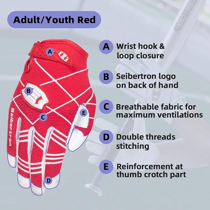 Seibertron B-A-R PRO 2.0 Signature Baseball + Softball + Teeball Batting Gloves Super Grip Finger Multiple 11 Sizes + 5 Colors Available Fit Adult Youth Kids Boys Girls Mens Women