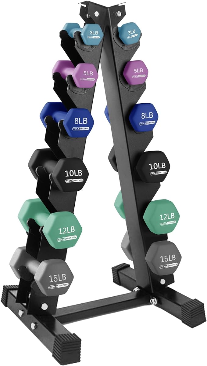 HolaHatha 2, 3, 5, 8, and 10 Pound Neoprene Dumbbell Free Hand Weight Set with Rack, Ideal for Home Exercises to Gain Tone and Definition, Pastel