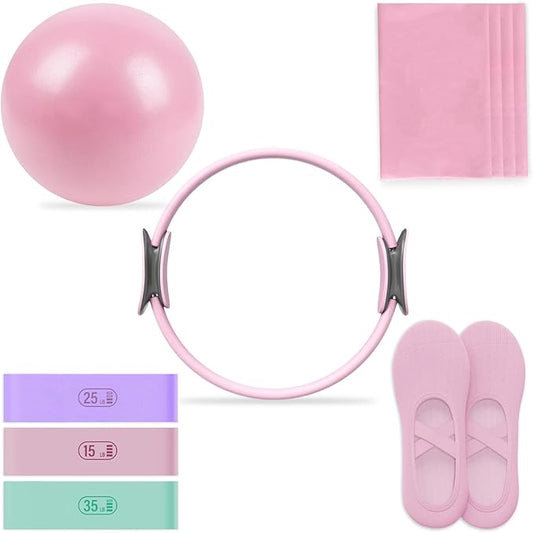 Pilates Essential Kit - Home Pilates Equipment Set - with Toning Pilates Ring & Long Resistance Bands & 3 Level Pilates Loop Bands & Soft Pilates Ball & Pilates Grip Socks