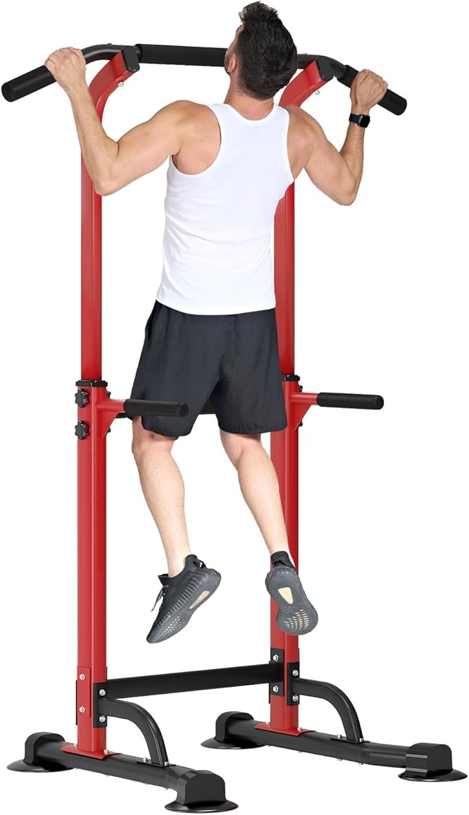 Dland Power Tower Pull Up Bar Dip Station and Height Adjustable Dip Bar Stand, Multi-Function Home Gym Exercise Equipment Strength Training Fitness Workout Station
