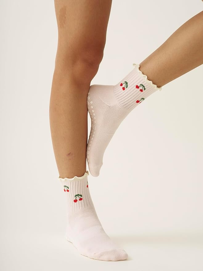 Crew Half Calf Grip Socks, Cutest Fruits Pilates Socks, Ruffle socks, Non-Slip, Barre Yoga Fitness